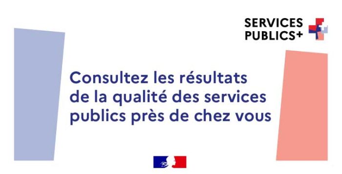 Le logo de Services Publics + invitant à consulter les résultats de la qualité des services publics près de chez vous